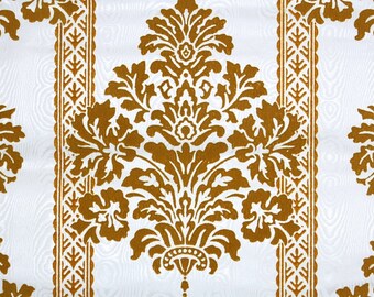 Retro Flock Wallpaper by the Yard 70s Vintage Flock Wallpaper - 1970s Golden Orange Flock Damask Stripes on Shimmery White