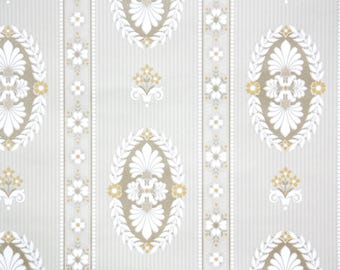 Vintage Wallpaper by the Yard - 1970s Medallion Stripes Tan and White with Flowers