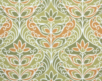 Retro Wallpaper by the Yard 60s Vintage Wallpaper - 1960s Green and Orange Mod Floral Damask