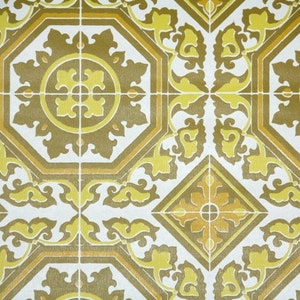 Retro Wallpaper by the yard 70s Vintage Wallpaper - 1970s Yellow Olive Green and Gold Geometric Faux Tiles on White