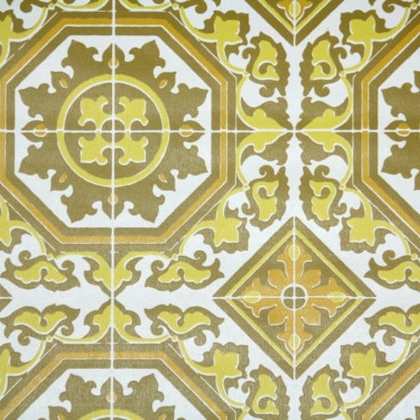 Retro Wallpaper by the yard 70s Vintage Wallpaper - 1970s Yellow Olive Green and Gold Geometric Faux Tiles on White