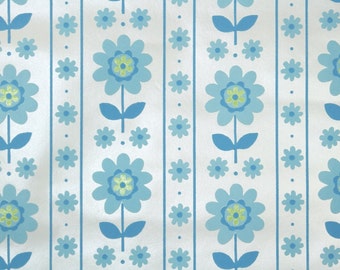 Retro Flock Wallpaper by the Yard 70s Vintage Flock Wallpaper - 1970s Blue and Green Flock Flower Stripes on White