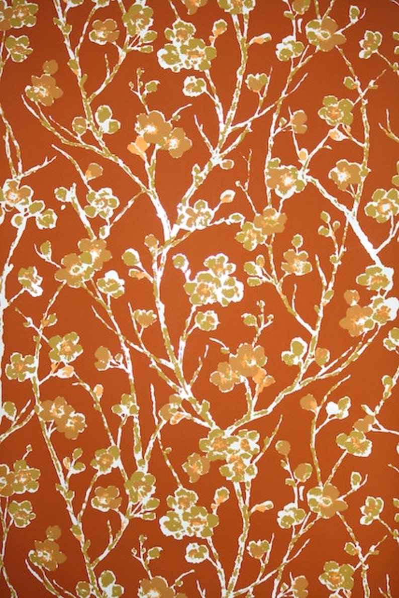 Retro Wallpaper by the Yard 70s Vintage Wallpaper 1970s Vinyl Orange Cherry Blossom Floral with Golden Yellow Flowers on White Branches image 3