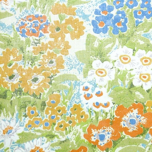 Papier peint vintage des années 1970 par mètre - Floral fleurs sauvages bleu vert et orange