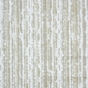 May include: Close-up of a textured fabric with a vertical pattern. The fabric has a neutral color palette, with a mix of beige and white tones. The design features a series of vertical lines, creating a striped effect. The texture appears to be woven.