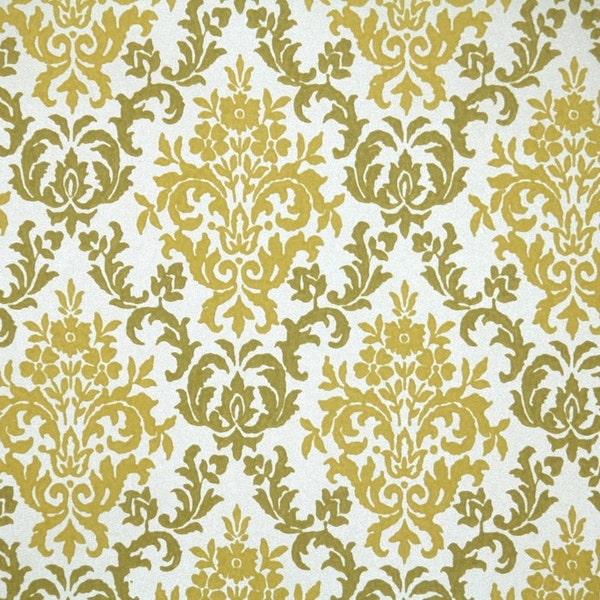 Retro Flock Wallpaper by the Yard 70s Vintage Flock Wallpaper - 1970s Yellow and Green Flock Damask