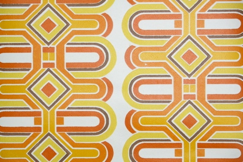 Retro Wallpaper by the Yard 70s Vintage Wallpaper 1970s Yellow Orange Brown and White Geometric Stripe image 1