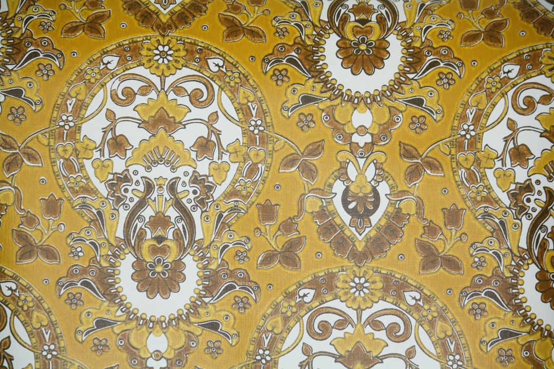 Retro Wallpaper by the Yard - 1970s Brown Gold and White Damask - Etsy