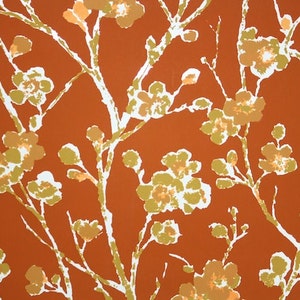 Retro Wallpaper by the Yard 70s Vintage Wallpaper 1970s Vinyl Orange Cherry Blossom Floral with Golden Yellow Flowers on White Branches image 1