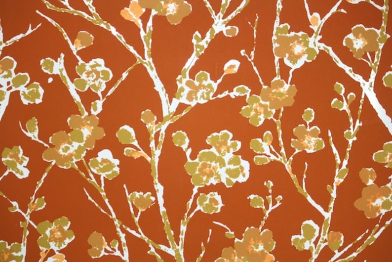 Retro Wallpaper by the Yard 70s Vintage Wallpaper 1970s Vinyl Orange Cherry Blossom Floral with Golden Yellow Flowers on White Branches image 1