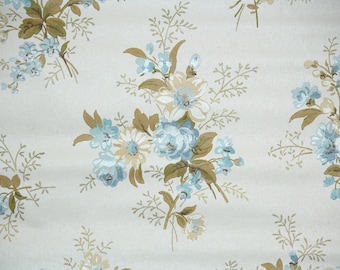 Retro Wallpaper by the Yard 70s Vintage Wallpaper - 1970s Blue and Beige Rose Floral on Cream