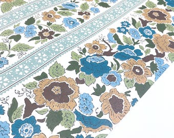 1970s Vintage Wallpaper by the Yard - Floral Stripe Blue Flowers and Birds