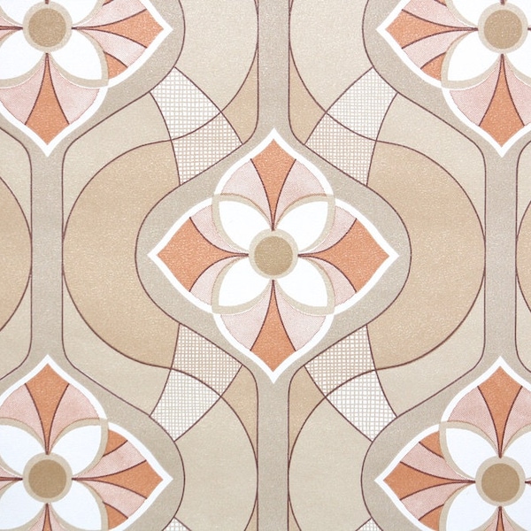 Retro Vintage Wallpaper by the Yard 70s Geometric Vintage Wallpaper - Retro 1970s Orange and Tan Brown Geometric Floral