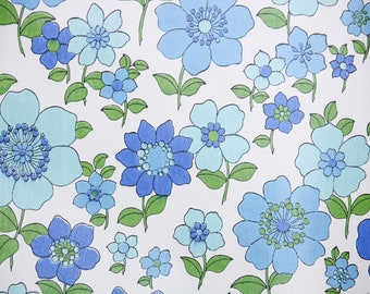 1970s Vintage Wallpaper by the Yard - Retro Floral Wallpaper with Bright Blue and Turquoise Flowers on White