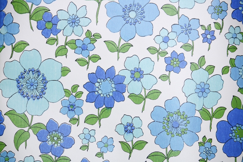 1970s Vintage Wallpaper by the Yard Retro Floral Wallpaper with Bright Blue and Turquoise Flowers on White image 1