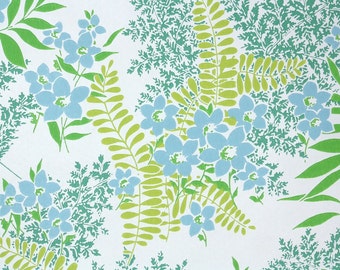 Retro Wallpaper by the Yard 70s Vintage Wallpaper - 1970s Blue Flowers and Green Ferns