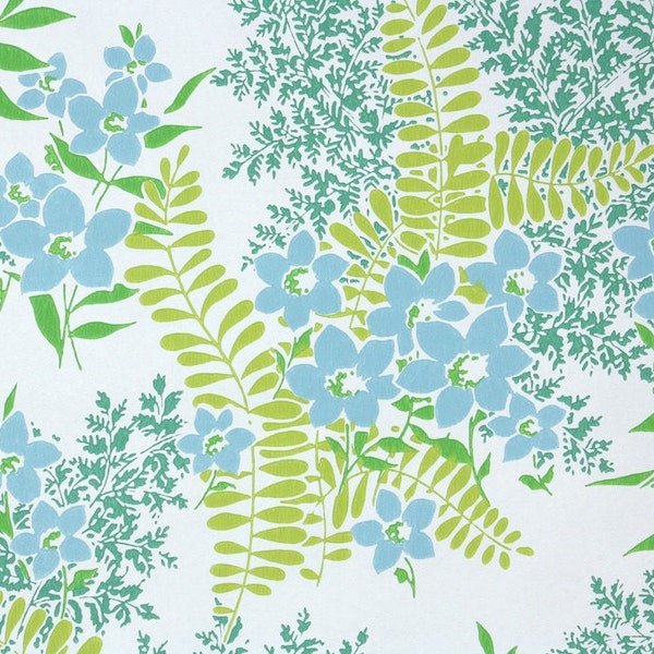 Retro Wallpaper by the Yard - 1970s Blue Flowers and Green Ferns