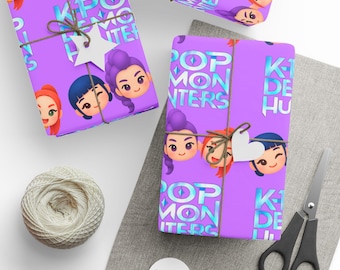 Kpop Demon Hunters Wrapping Paper -  Rumi Mira Zoey Emojis Huntrix Colorful Netflix Korean Animated Design, Gift for Kpop Fans, Kdrama