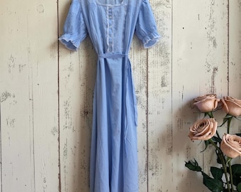 Vintage pastellblå spetsklänning, edwardiansk cottagecore-stil lång bomullsnattlinne, justerbar antik brudnattlinne L/XL