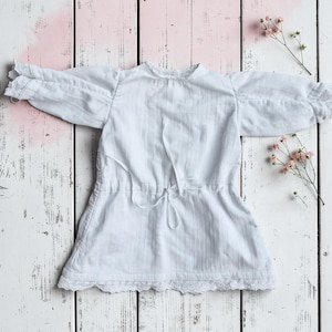 Vintage White Cotton Baby Baptismal Gown or Blouse with Lace, Drawstring Waist - Small Christening Dress, Antique Baby Clothes