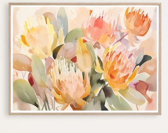 Protea Art Print, Colourful Australian Native Flowers, Abstract Floral Watercolour, Modern Botanical,  Giclee Print
