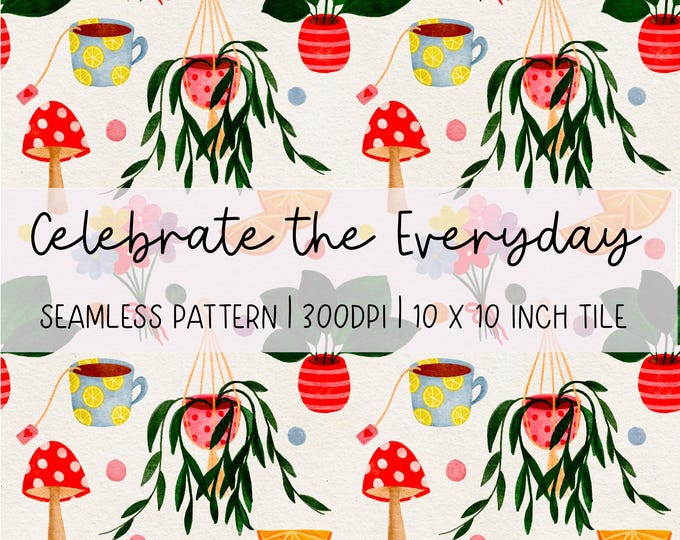 Hand-Drawn Celebrate the Everyday Seamless Pattern: Colourful House Items Digital Paper (300dpi)