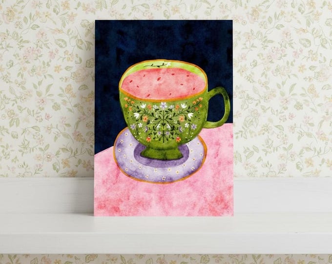 Art Print: Floral Rose Hip Tea Cup  Illustration, A5, Wall Decor