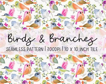 Hand-Drawn Birds and Branches Seamless Pattern: Colourful Nature Digital Paper (300dpi)