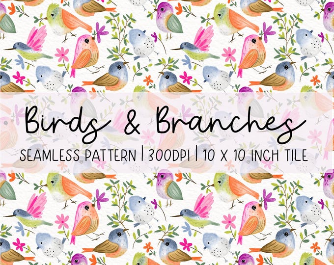 Hand-Drawn Birds and Branches Seamless Pattern: Colourful Nature Digital Paper (300dpi)