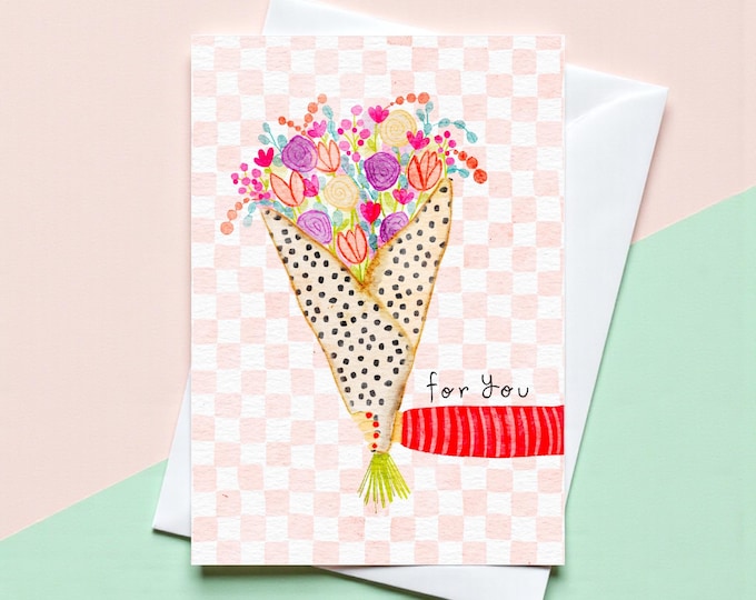 Hand-Illustrated “For You” Greeting Card: Soft Pastel Flowers, Polka Dot Wrap, Original Illustration