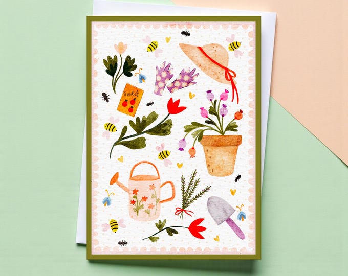 Gardening Watercolor Card: Plant Drawings, All Occasion