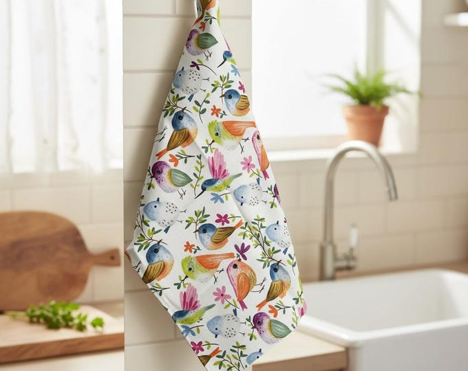 Hand-Illustrated Cotton Linen Tea Towel: Birds and Branches Pattern