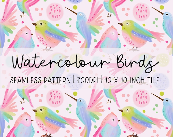 Hand-Drawn Watercolour Birds Seamless Pattern: Colourful Nature Digital Paper (300dpi)
