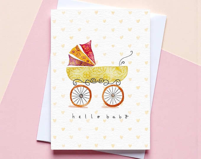 Hand-Illustrated “Hello Baby” Greeting Card: Vintage Baby Stroller, Gender Neutral, A6