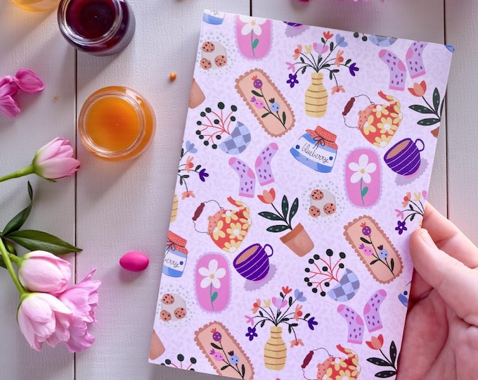 Handmade A5 Blank Notebook / Journal – “Moment Makers” Whimsical Pattern