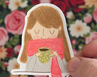 Cosy Coffee Drinker Vinyl Sticker: Permanent Decal