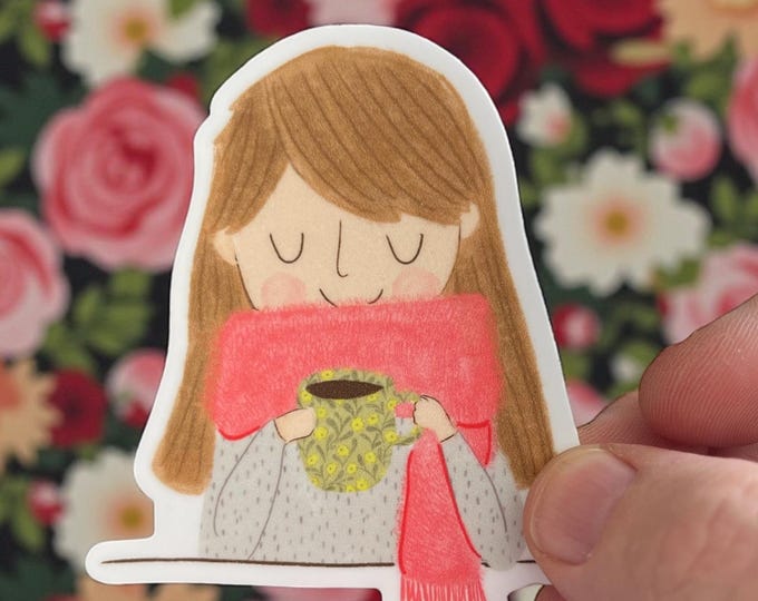 Featured listing image: Cosy Coffee Drinker Vinyl Sticker: Permanent Decal