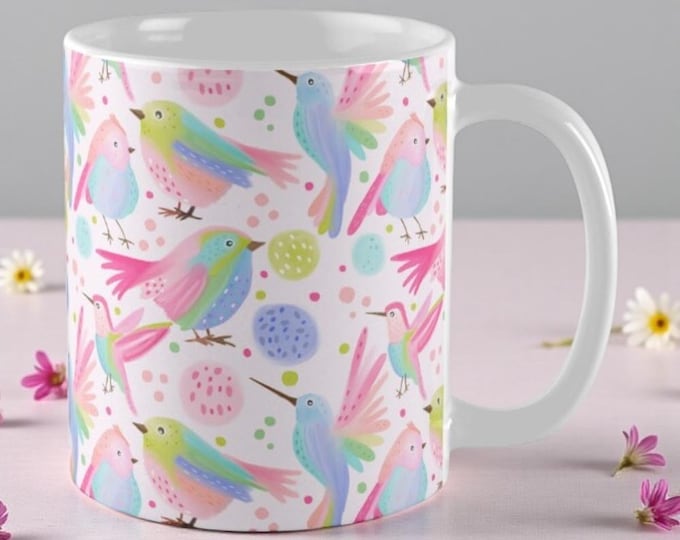 Watercolour Birds Ceramic Coffee Mug – Illustrated Bird Mug, Dishwasher & Microwave Safe