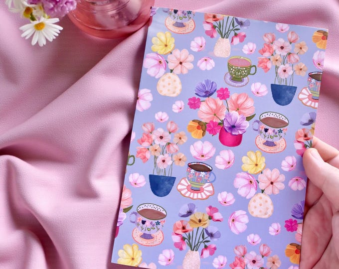 Handmade A5 Blank Notebook / Journal – “Tea and Blooms” Floral Pattern
