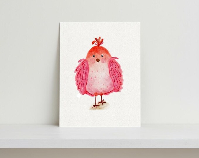 Art Print: Pink Quirky Bird Illustration, A5, Wall Decor