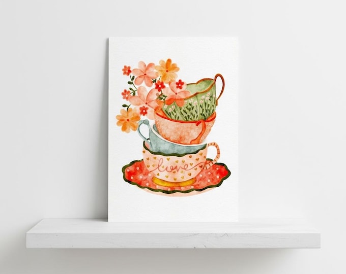 Art Print: A Stack of Tea Cups Illustration, A5, Wall Decor