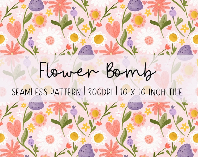 Hand-Drawn Flower Bomb Seamless Pattern: Colourful Floral Digital Paper (300dpi)