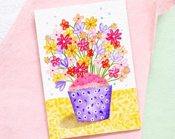 A6 Greeting Card: Flower Burst Cupcake Birthday
