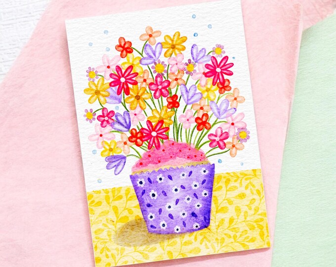 A6 Greeting Card: Flower Burst Cupcake Birthday