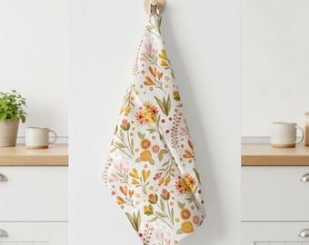 Hand-Illustrated Cotton Linen Tea Towel: Soft Blooms Pattern