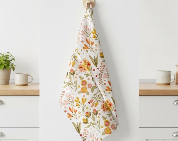 Hand-Illustrated Cotton Linen Tea Towel: Soft Blooms Pattern