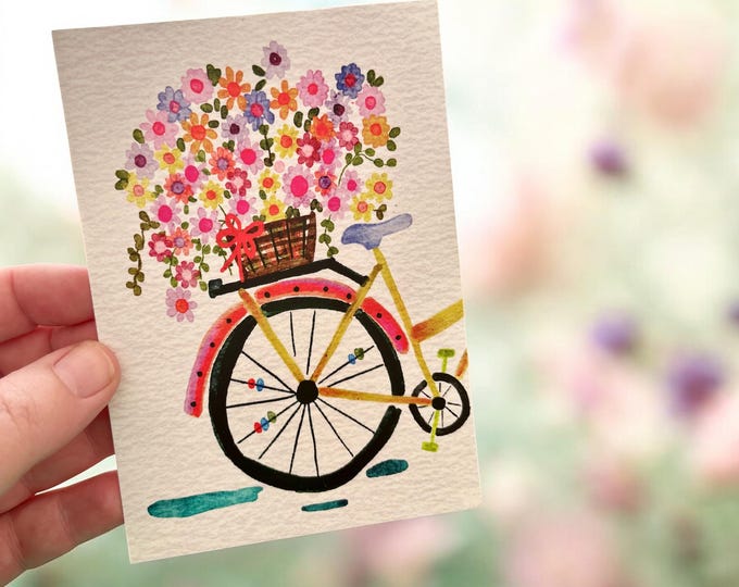 Flowered Bicycle: Single or 10 Notelets, Notecards, Postcards