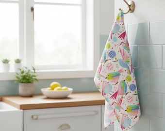 Hand-Illustrated Cotton Linen Tea Towel: Watercolour Birds Pattern