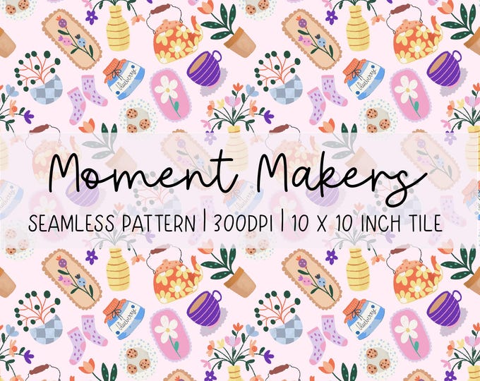Hand-Drawn Moment Makers Seamless Pattern: Colourful Everyday Items Digital Paper (300dpi)