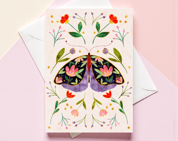 Floral Moth Watercolour Greeting Card: Thank You, Birthday